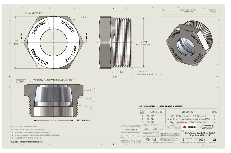 Flush Front Sapphire Sight Glass NPT1-1/2