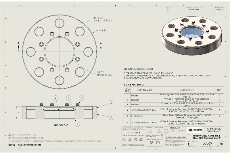 ASME High Temperature SIght Window, 650°, Sapphire