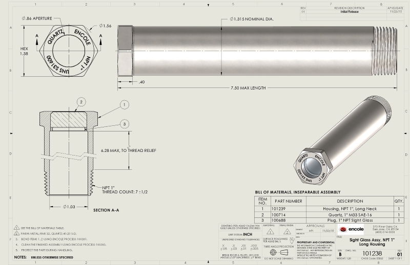 Long tube sight glass, NPT 1-inch on the end.