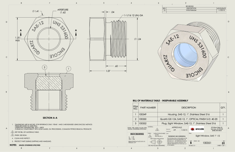 SAE-12 Sight Glass for Hydro-kinetic Power Generation