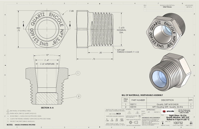 In-plane, flush to the front quartz sight glass for a flow tube Optical Cell